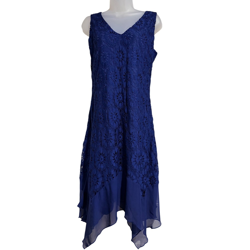 AUW Royal Blue Lace Handkerchief Hem Midi Dress Womens Sz 8 V-Neck - Picture 2 of 8